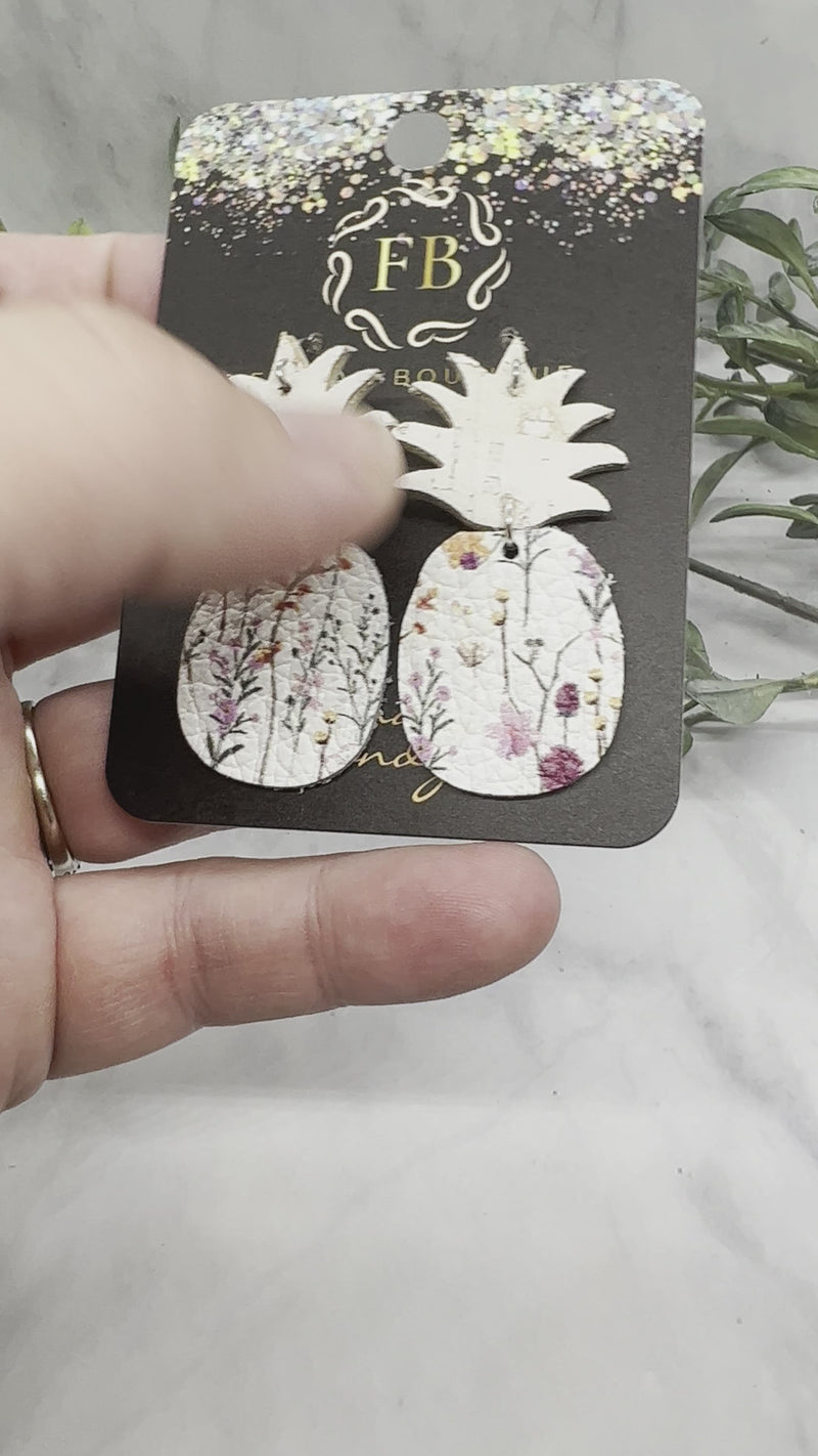 White cork and floral Leather Pineapple Earrings