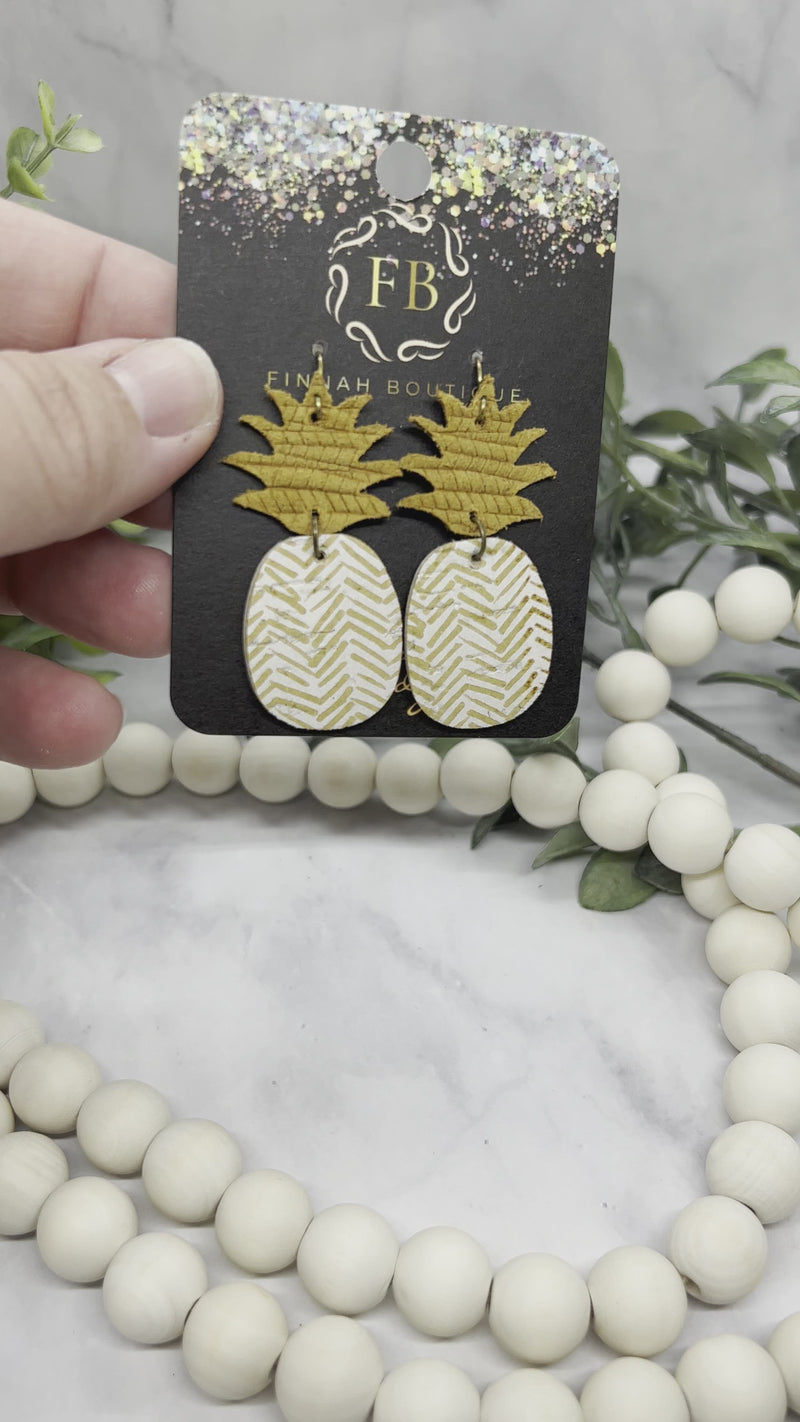 Chevron and Mustard yellow Leather Pineapple Earrings