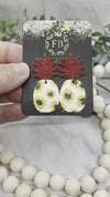 Deep red cork and sunflower patterned Leather Pineapple Earrings