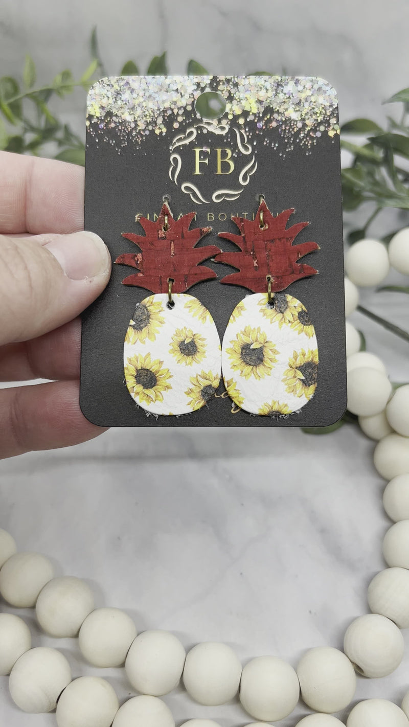 Sunflower and white Leather Pineapple Earrings