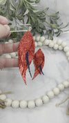 Triple Feather Red Metallic Leather Earrings