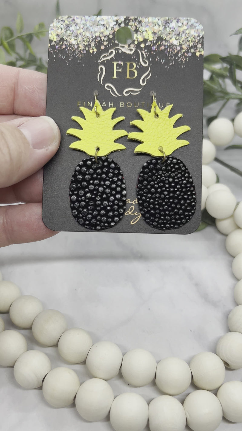 Bright yellow and black pebbled Leather Pineapple Earrings