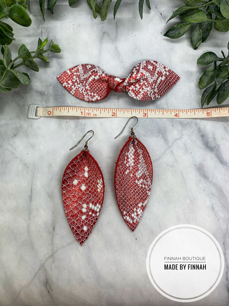 Mommy and Me red and white snake skin Earring and bow set