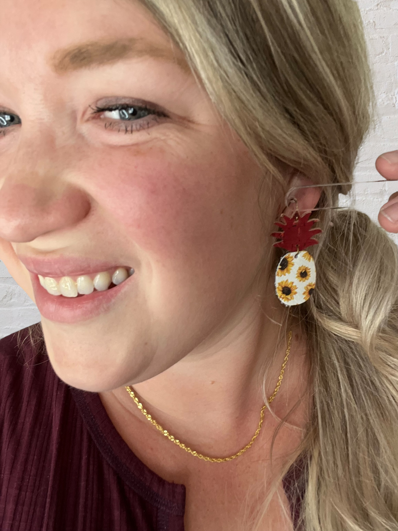 Deep red cork and sunflower patterned Leather Pineapple Earrings