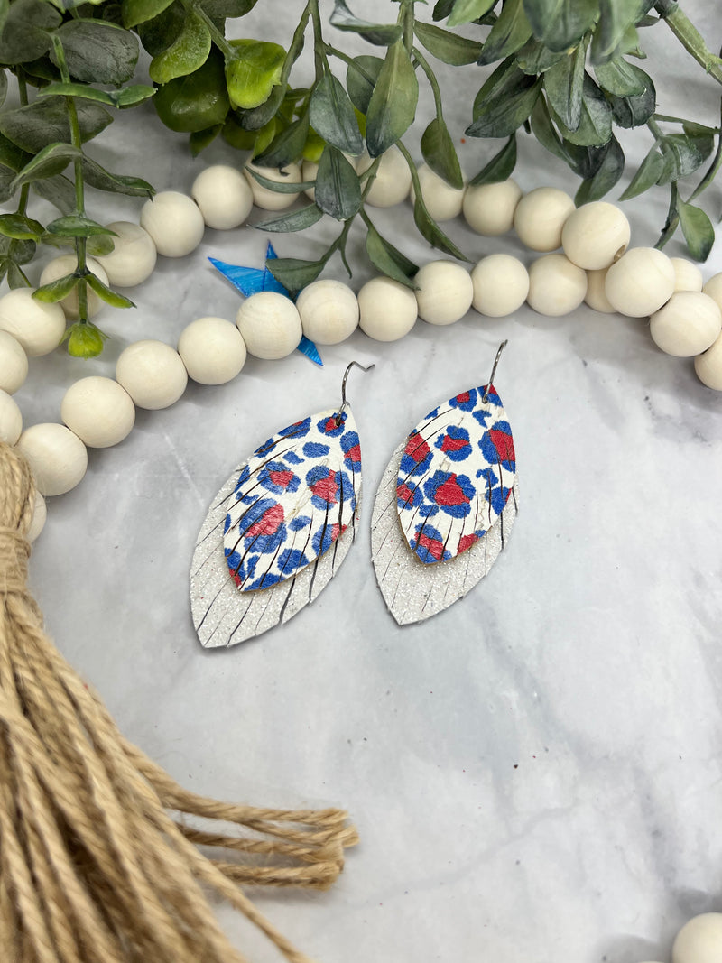 Leopard and white Sparkle Fringe Petal Leather Earrings