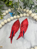 Triple Feather Red Metallic Leather Earrings