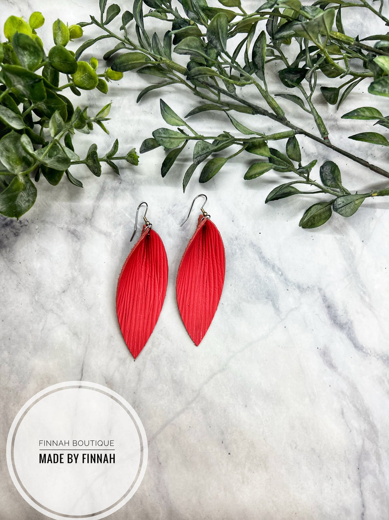 Coral Lines Leather Pointed teardrop size large Earrings