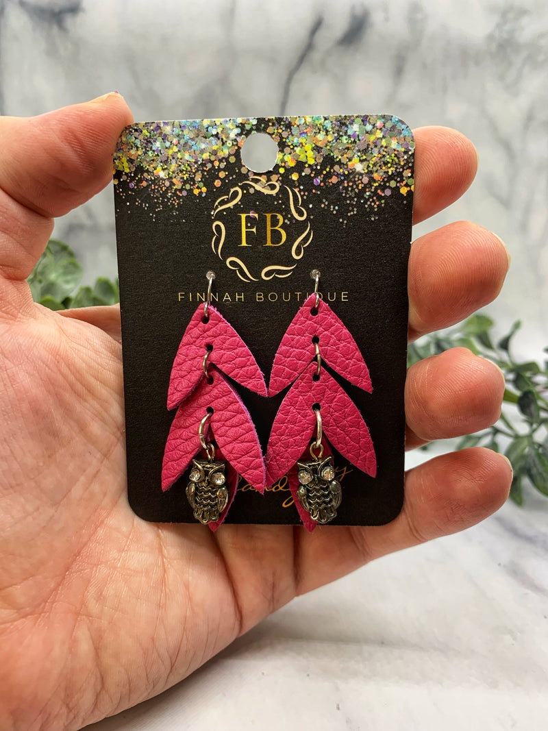 Hot pink Owl Leaf Earrings