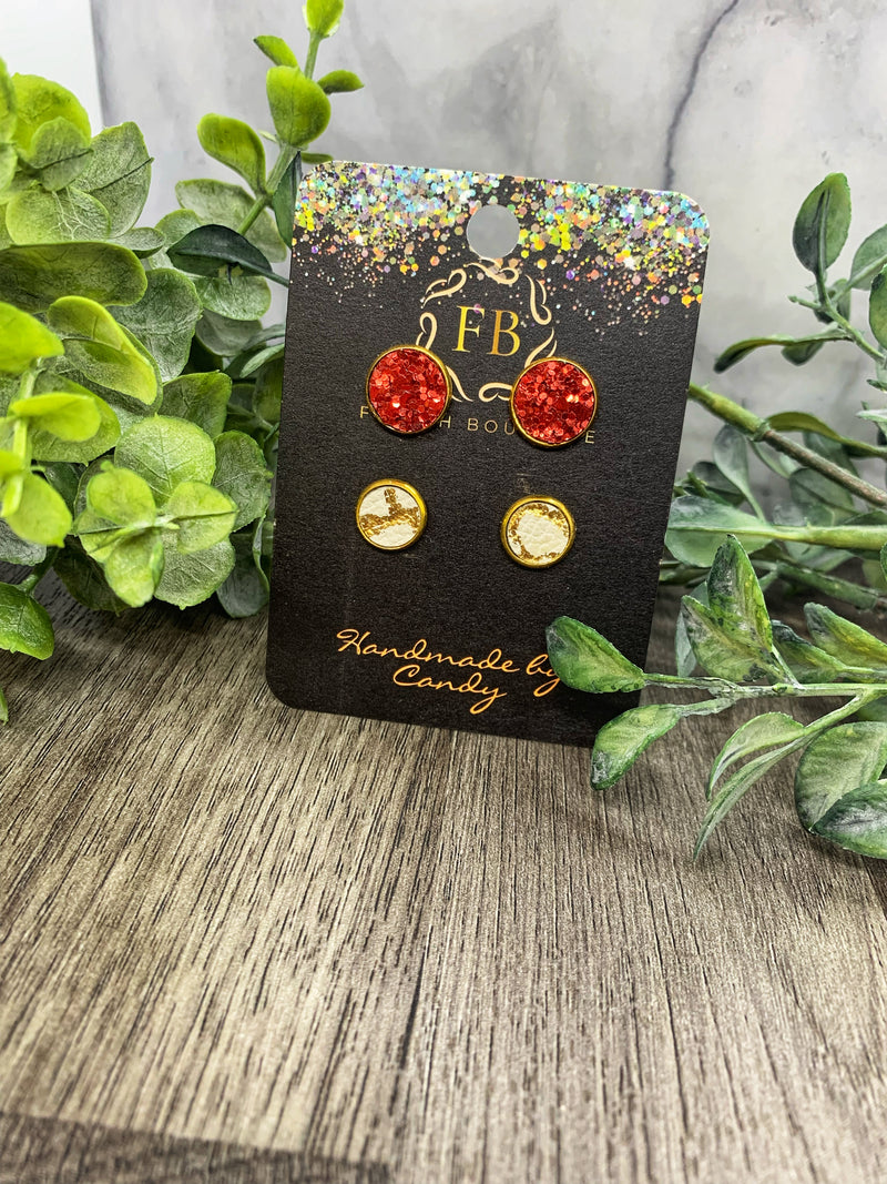 Red sparkle 12mm studs and White and Gold 10mm Stud Earrings