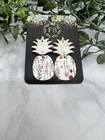White cork and floral Leather Pineapple Earrings