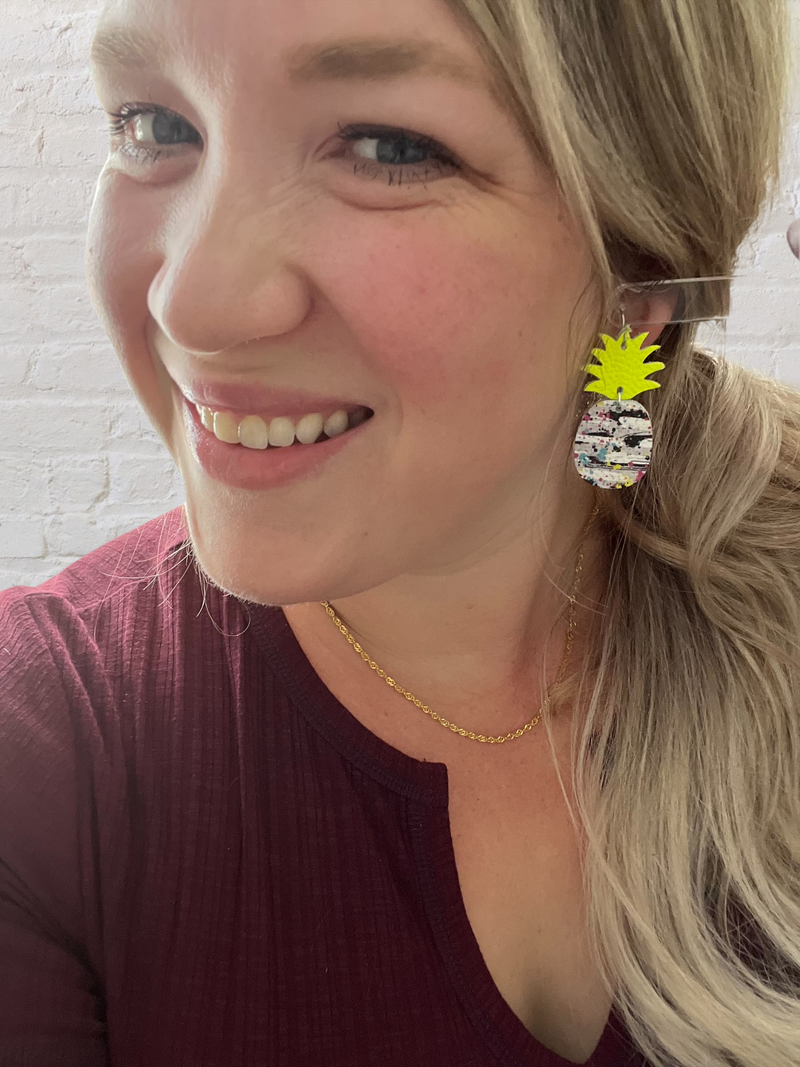 Neon Yellow and Mexican confetti Leather Pineapple Earrings