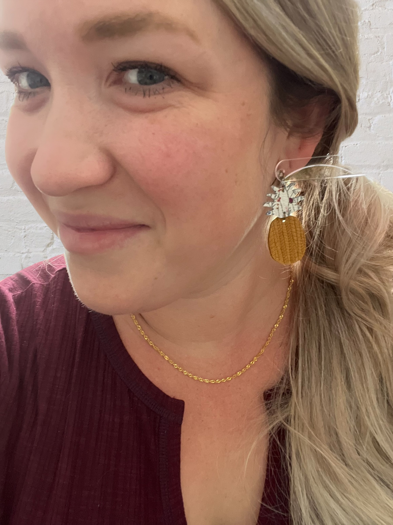 Floral and Mustard Leather Pineapple Earrings