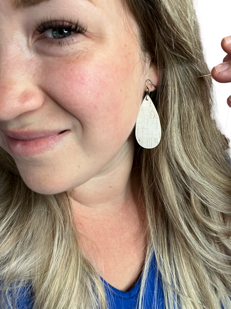 White Cork Leather teardrop size small Earrings